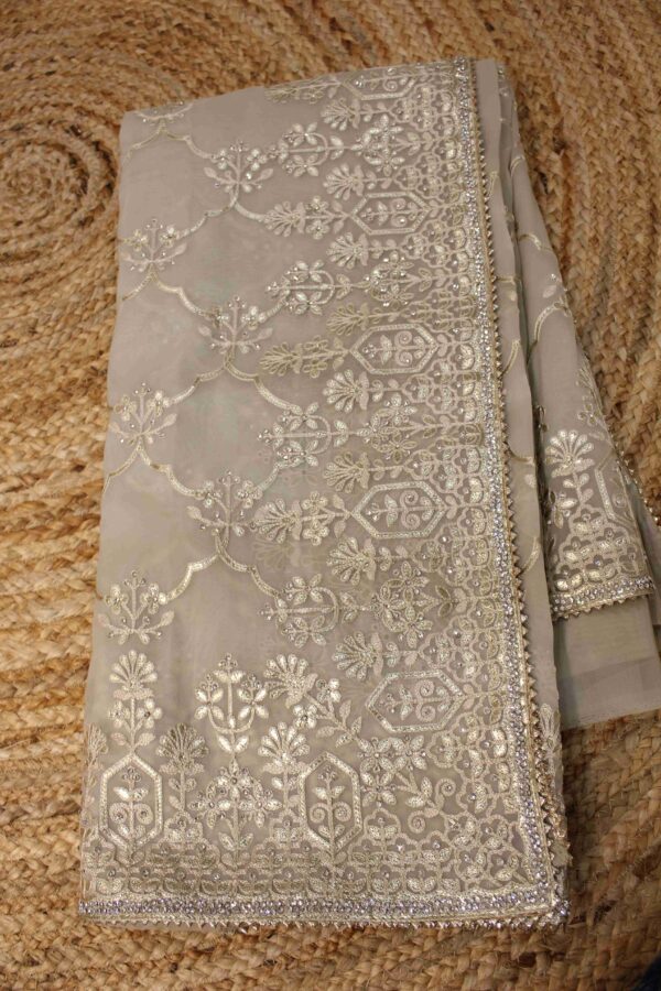 Gold Zari Thread work with Zircon Designer Saree - Image 2
