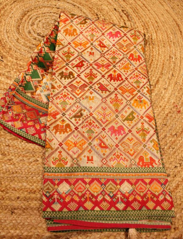 Elephant Pichwai Position Print Zari Woven Crepe DesignerSaree - Image 2