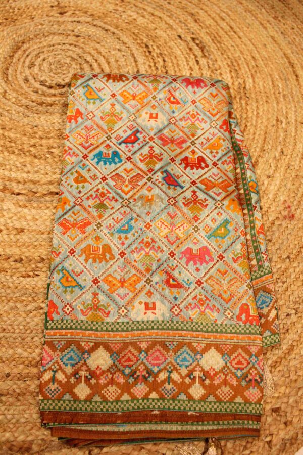 Elephant Pichwai Position Print Zari Woven Crepe DesignerSaree