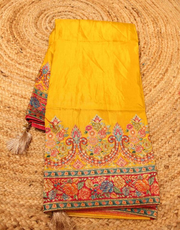 Floral Pichwai Position Print Zari Woven Crepe Designer Saree - Image 3