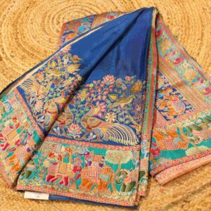 Peacock & Elephant Pichwai Position Print Zari Woven Crepe Designer Saree