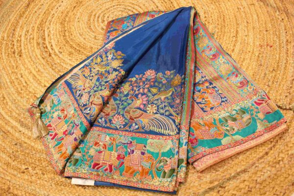 Peacock & Elephant Pichwai Position Print Zari Woven Crepe Designer Saree