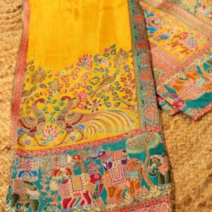 Alternative view of Peacock & Elephant Pichwai Position Print Zari Woven Crepe Designer Saree