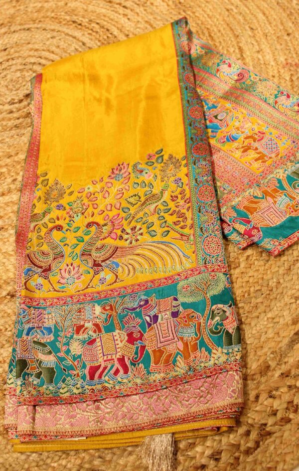 Peacock & Elephant Pichwai Position Print Zari Woven Crepe Designer Saree - Image 2