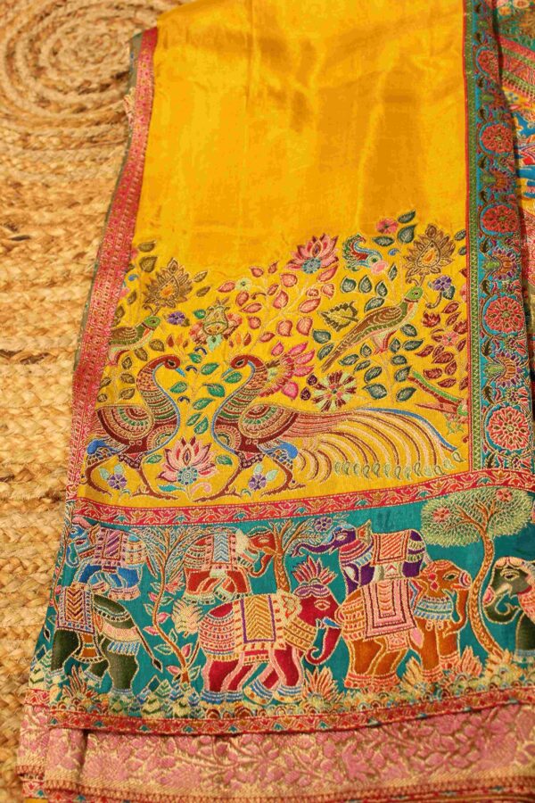 Peacock & Elephant Pichwai Position Print Zari Woven Crepe Designer Saree - Image 3