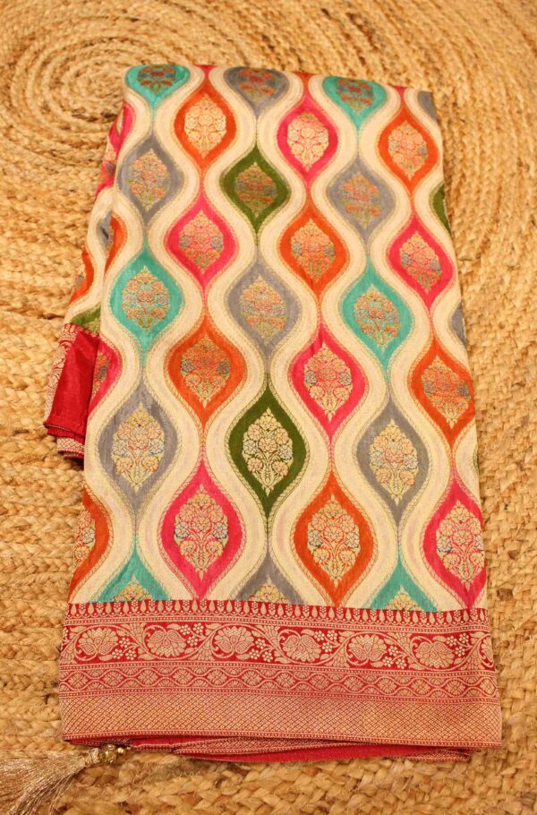 Meenakari Position Print Zari Woven Crepe Designer Saree - Image 2