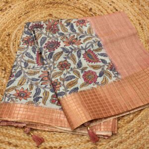 Green and Peach Floral Kalamkari Saree