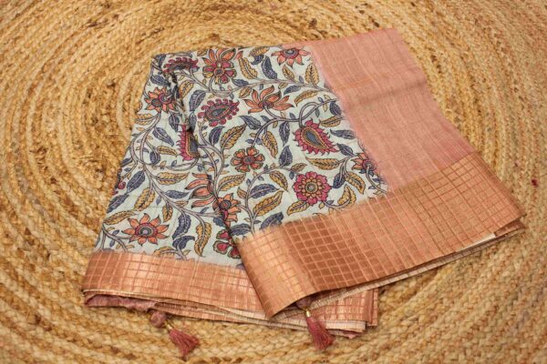 Green and Peach Floral Kalamkari Saree