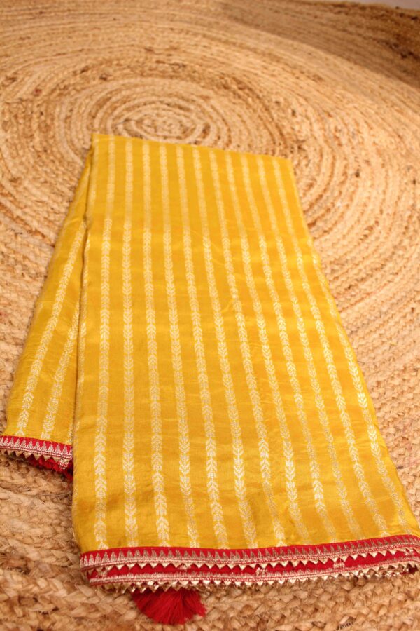 Mustard and Red Vertical Zari Stripes Designer Saree