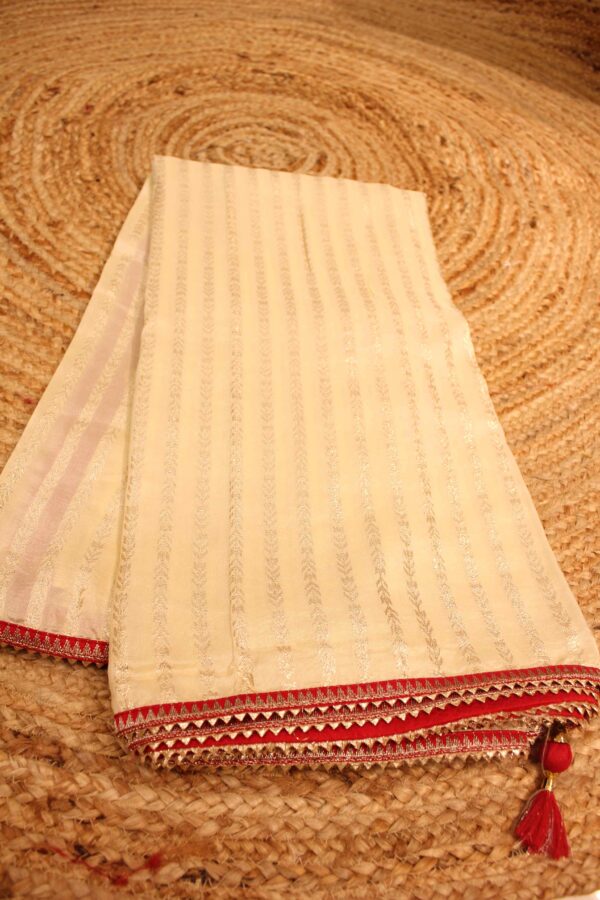 Cream and Red Vertical Zari Stripes Designer Saree