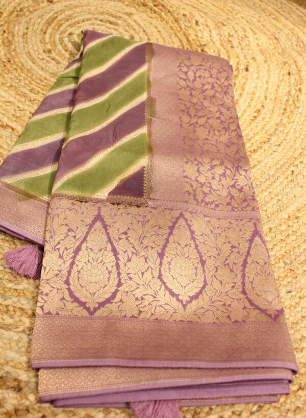 Lavender and Green Diagonal Strips Designer Saree