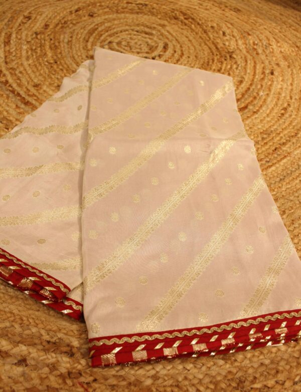 Cream and Red Diagonal Stripes and Buttas Designer Saree