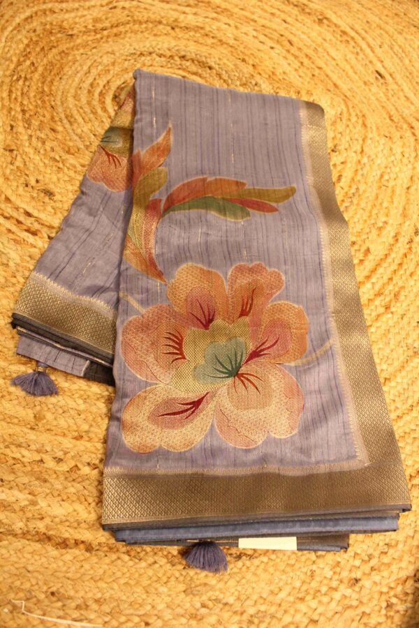 Blueish Grey Floral Woven Designer Saree