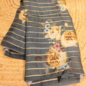 Floral Print Horrizontal Zari Stripes Designer Saree
