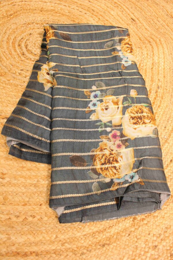 Floral Print Horrizontal Zari Stripes Designer Saree