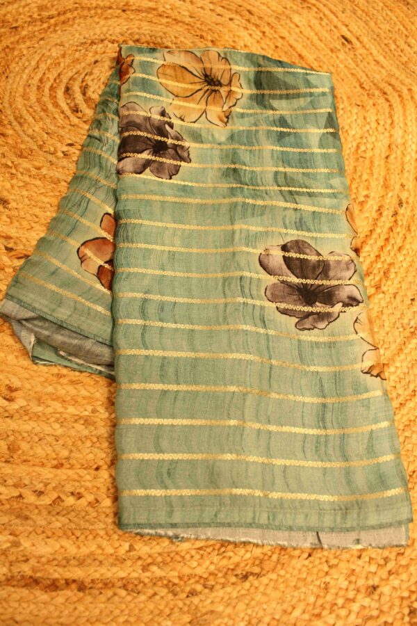 Floral Print Horrizontal Zari Stripes Designer Saree - Image 2