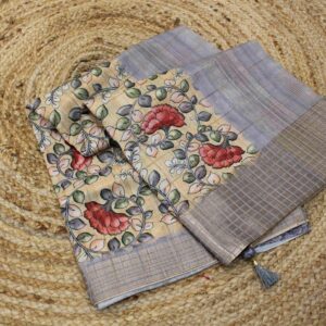Alternative view of Floral Printed and Zari Border Tussar Saree