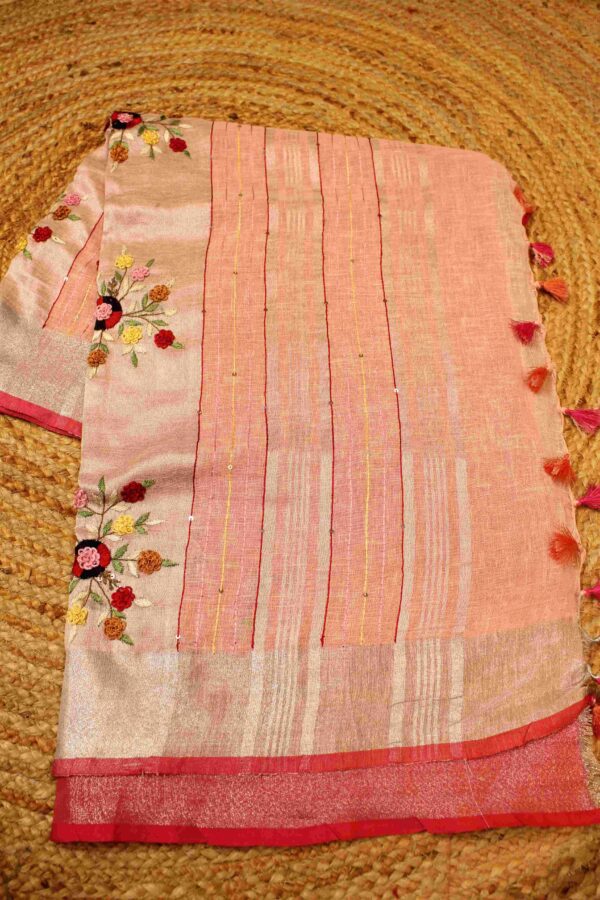 Pink Linen Saree with French Knots