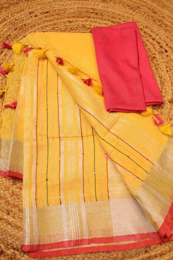 Yellow Linen Saree with French Knots