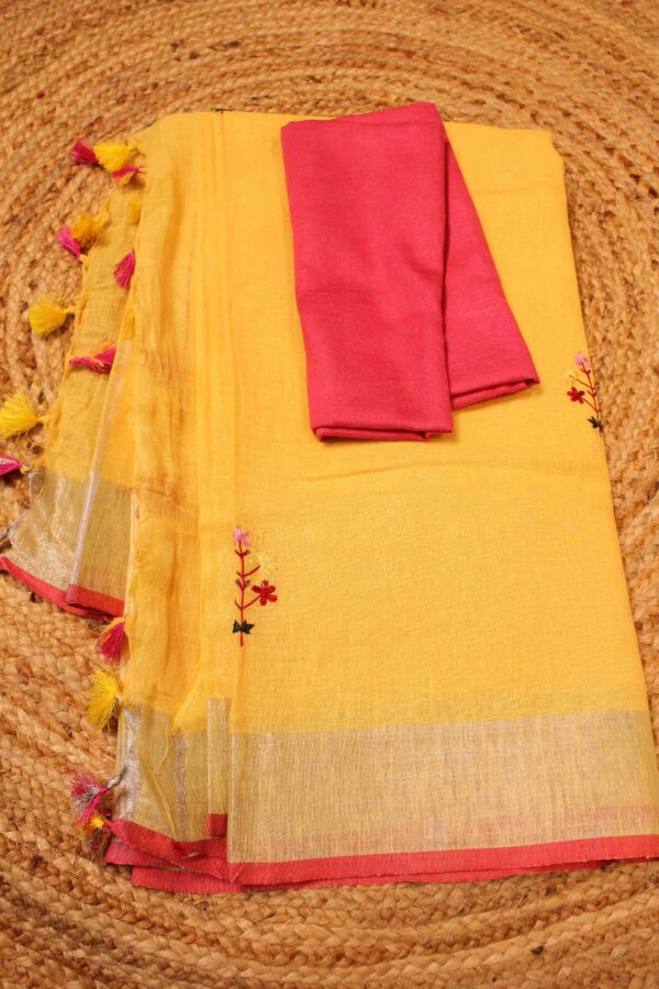 Yellow Linen Saree with French Knots - Image 2