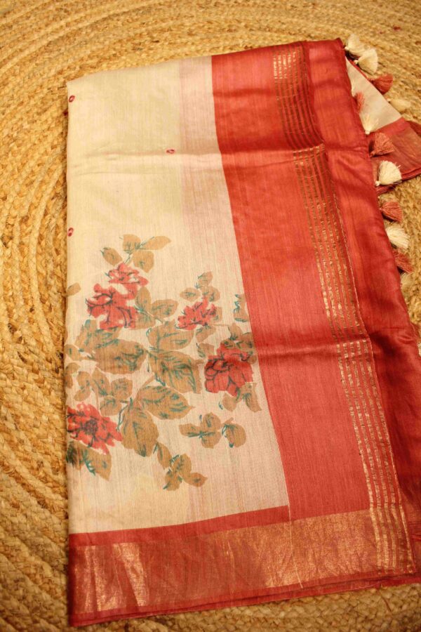 Beige & Pink Cut work & Mirror work Linen Silk Saree