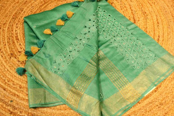 Sea Green Cut work & Mirror work Linen Silk Saree - Image 2