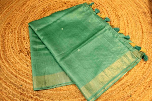 Sea Green Cut work & Mirror work Linen Silk Saree
