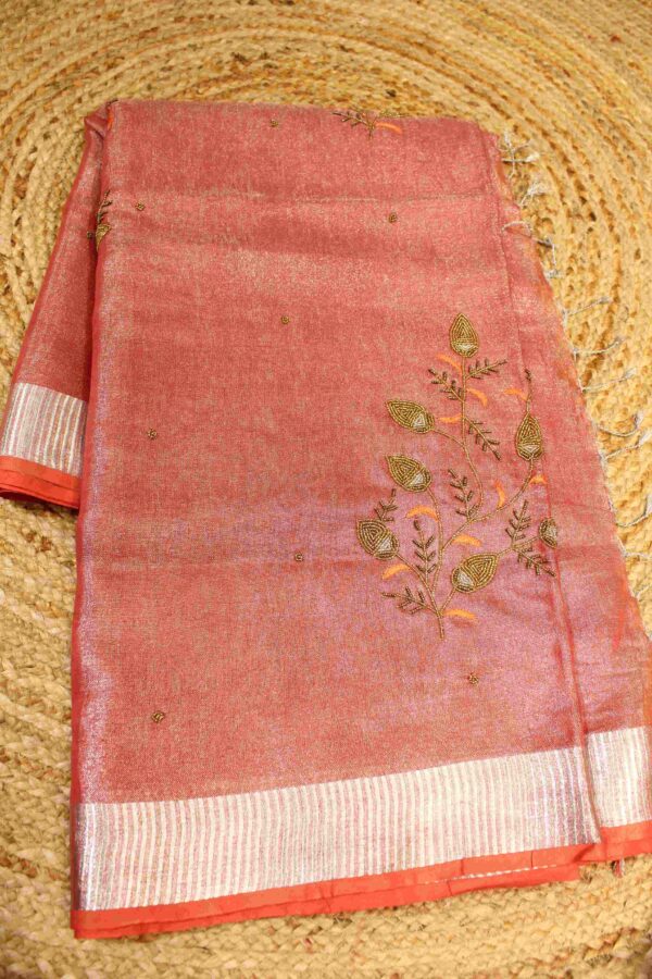 Red Hand & Beads work Linen Tissue Saree