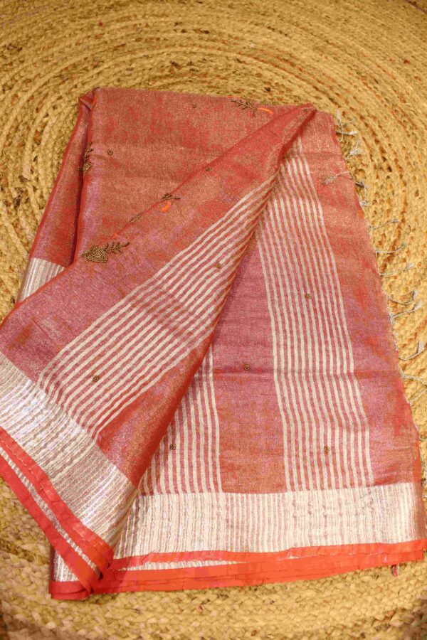 Red Hand & Beads work Linen Tissue Saree - Image 2