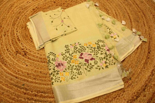 Pure Linen Embroidery Saree - Image 2