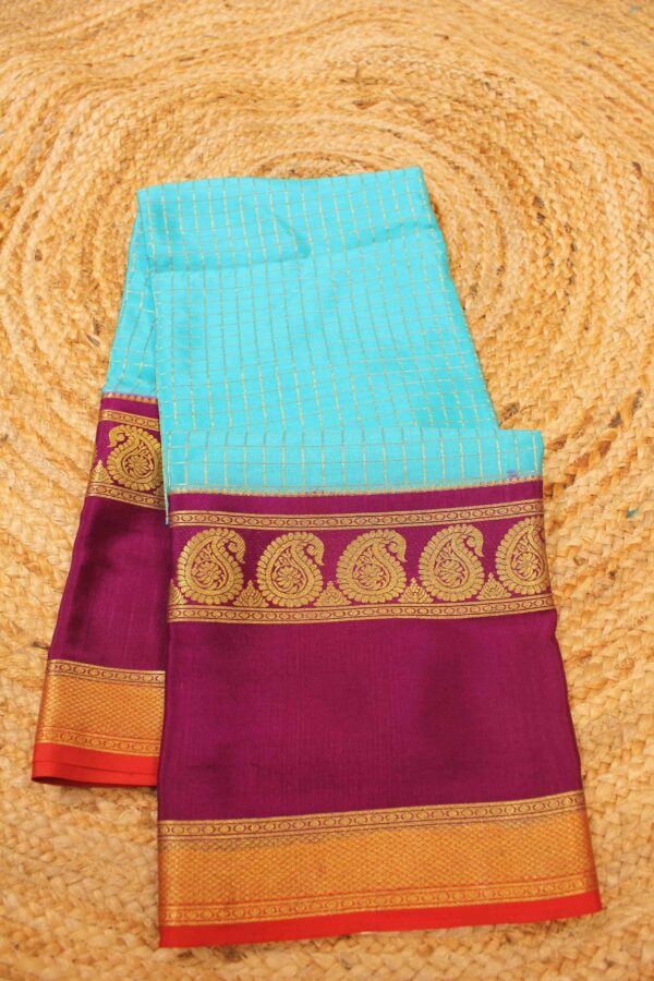 Firozi/Wine/Red Checks with Bentex Border 3D Pure Mysore Silk Saree