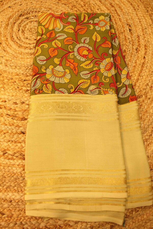 3D Olive and Mehendi green with Flower Prints Pure Mysore Silk Saree