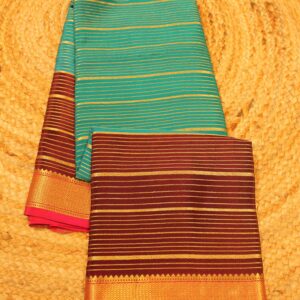3D Rama Green Brown and Pink Horizontal Zari Stripes Pure Mysore Silk Saree