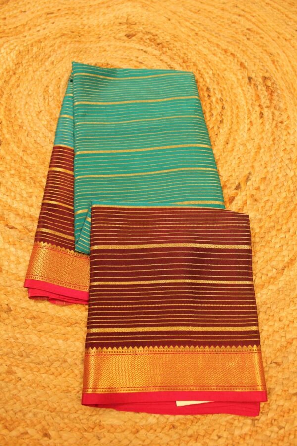 3D Rama Green Brown and Pink Horizontal Zari Stripes Pure Mysore Silk Saree