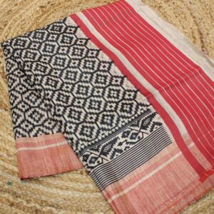 Red and Black Printed Tussar Saree