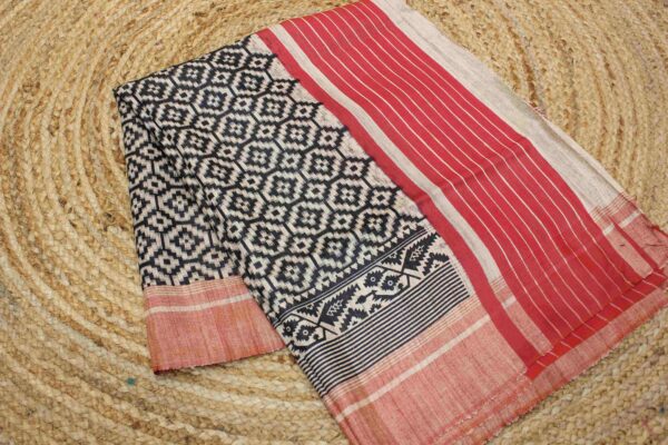 Red and Black Printed Tussar Saree - Image 2