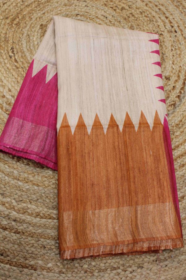 Beige Orange and Pink Tussar Saree - Image 2