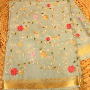 Teal Embroidery and Zari border Tussar Saree