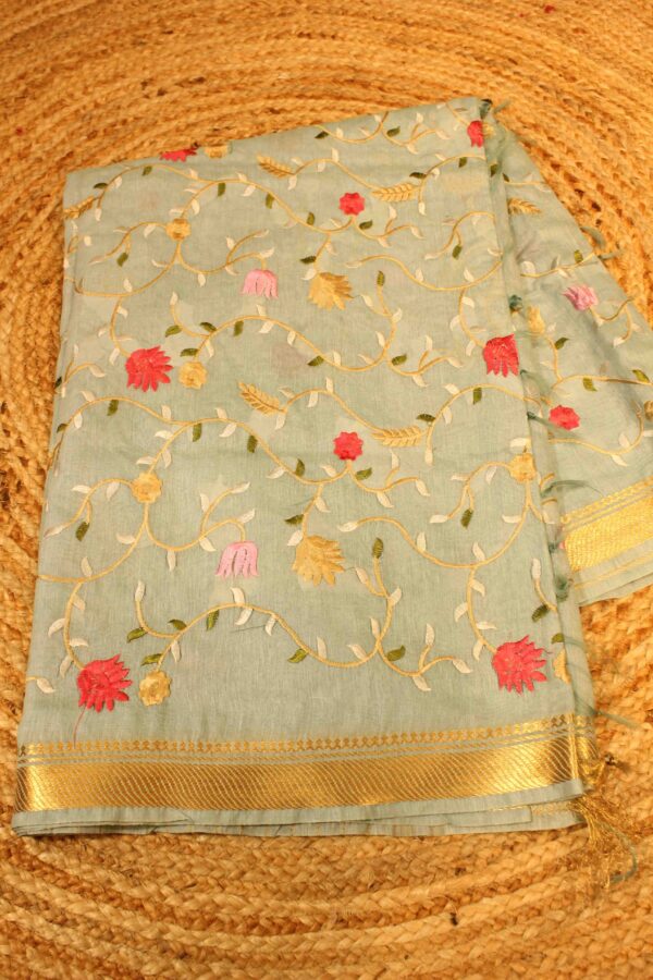 Teal Embroidery and Zari border Tussar Saree