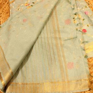 Alternative view of Teal Embroidery and Zari border Tussar Saree