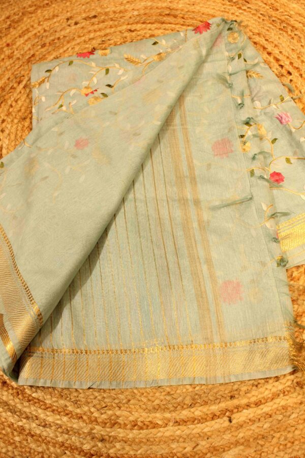 Teal Embroidery and Zari border Tussar Saree - Image 2