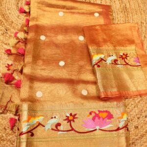 Orange Embroidery Banaras Tissue Saree