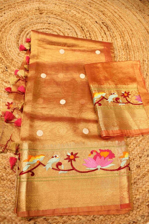 Orange Embroidery Banaras Tissue Saree