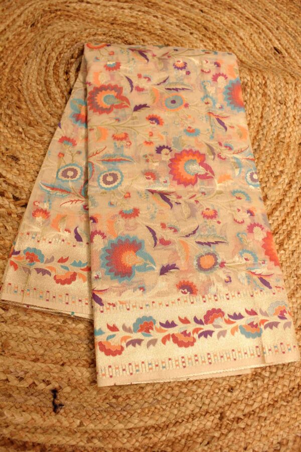 Beige and Orange Pashmina Work Designer Saree