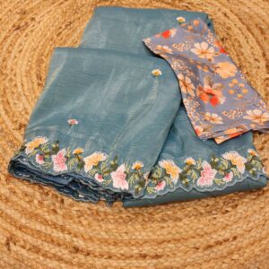 Teal Blue Embroidery Crush Organza Saree