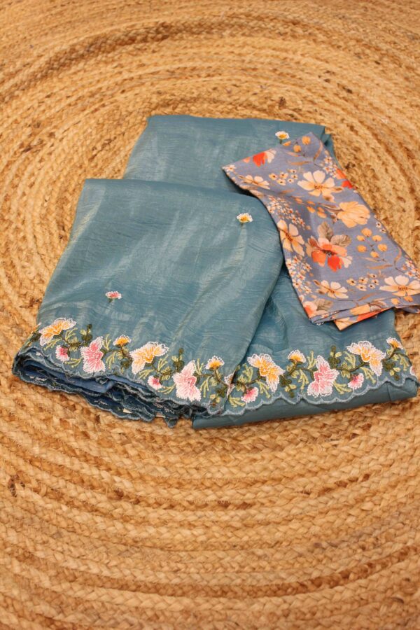 Teal Blue Embroidery Crush Organza Saree