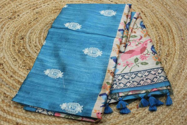 Peacock Prints and Thread Work Tussar Saree - Image 4