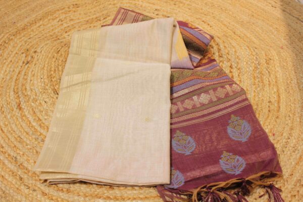 Beige and Purple Muga Cotton Saree