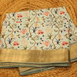 Blue & Copper Printed Tissue Border Fancy Saree