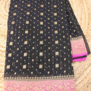 Black & Pink Square Buttas Pure Khaddi Georgette Saree